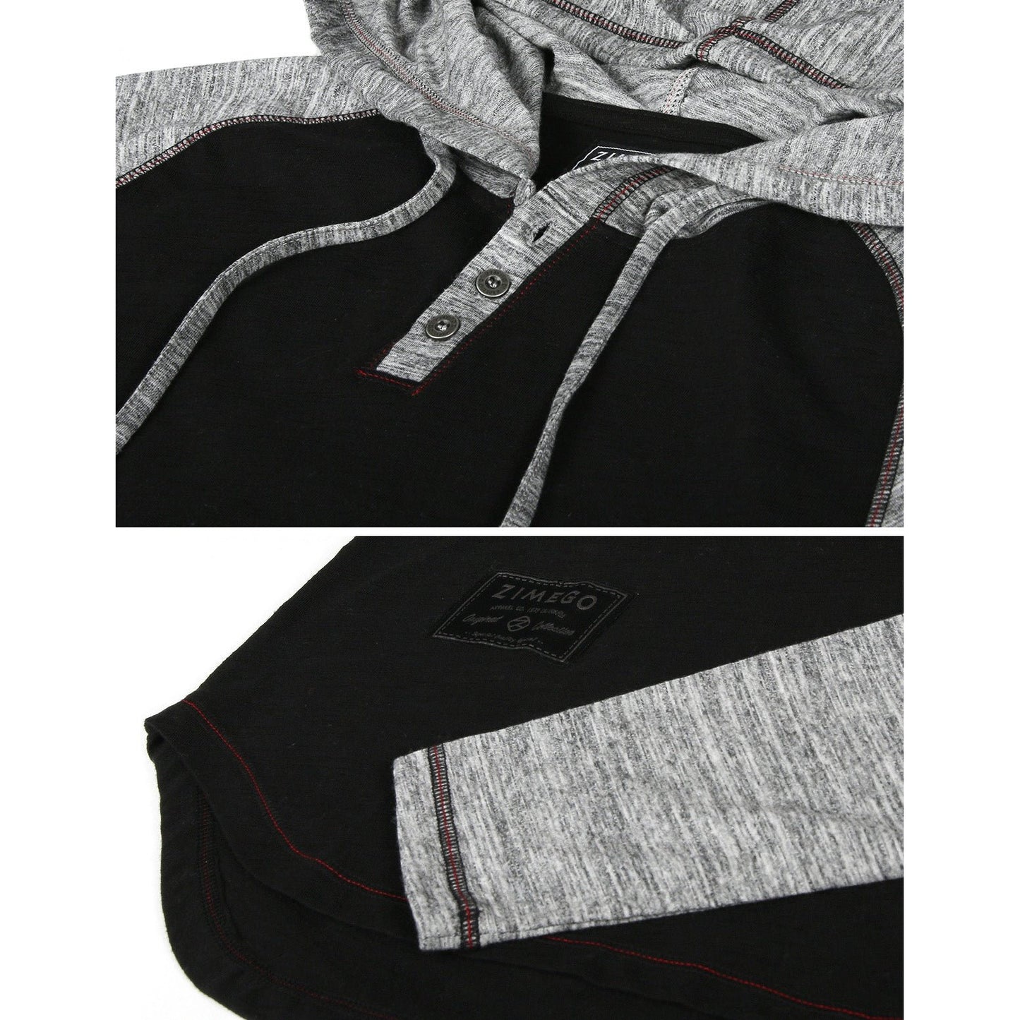 Long Sleeve Raglan Henley Round Bottom Hood T-Shirts - BLACK / BLACK