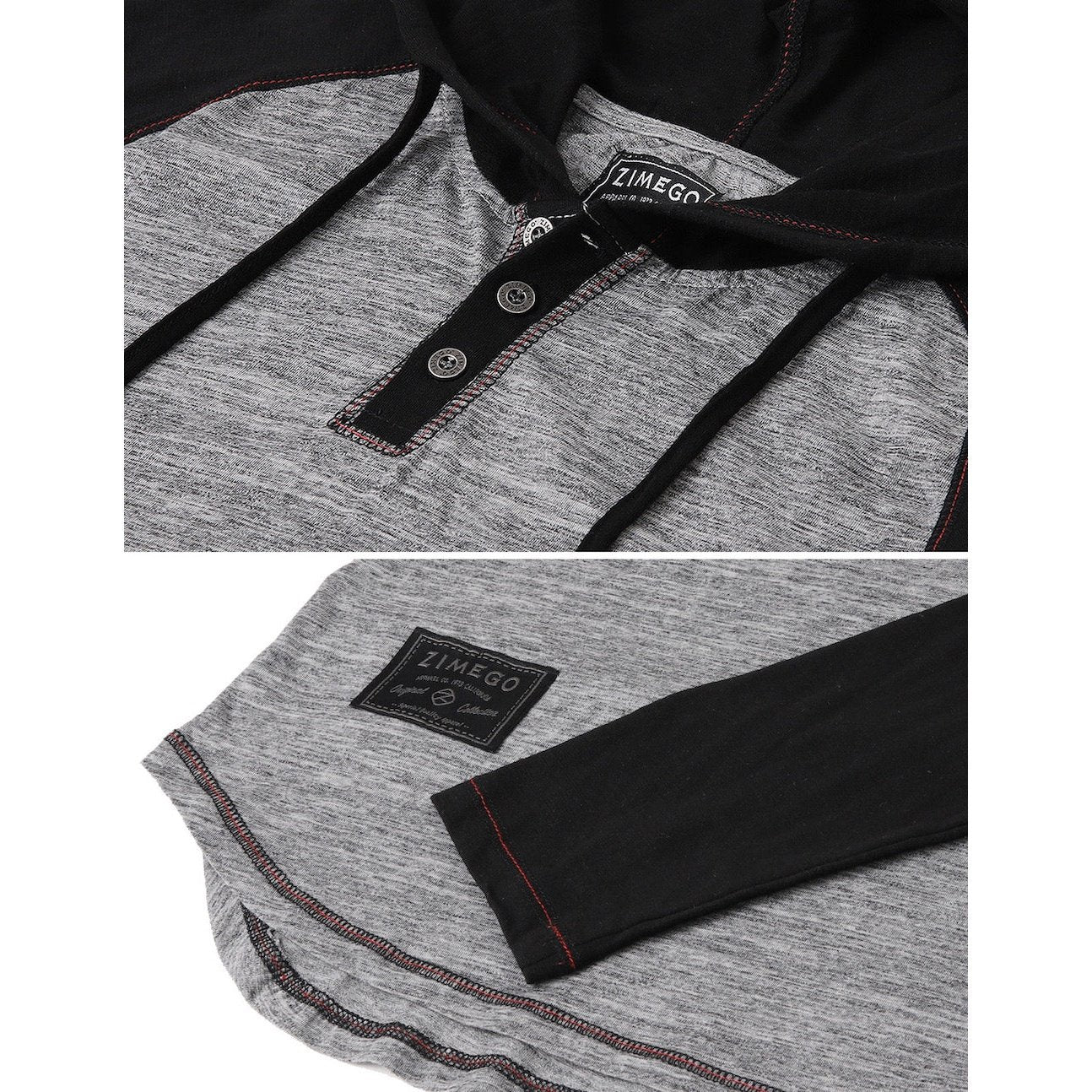 Long Sleeve Raglan Henley Round Bottom Hood T-Shirts - BLACK / BLACK