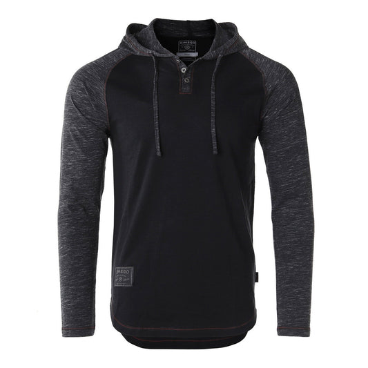 Long Sleeve Raglan Henley Round Bottom Hood T-Shirts - BLACK / BLACK