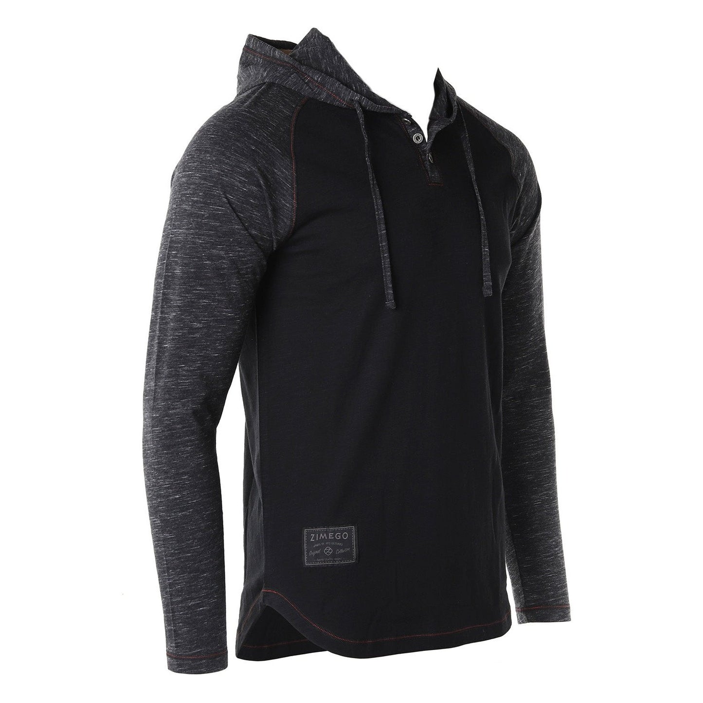 Long Sleeve Raglan Henley Round Bottom Hood T-Shirts - BLACK / BLACK