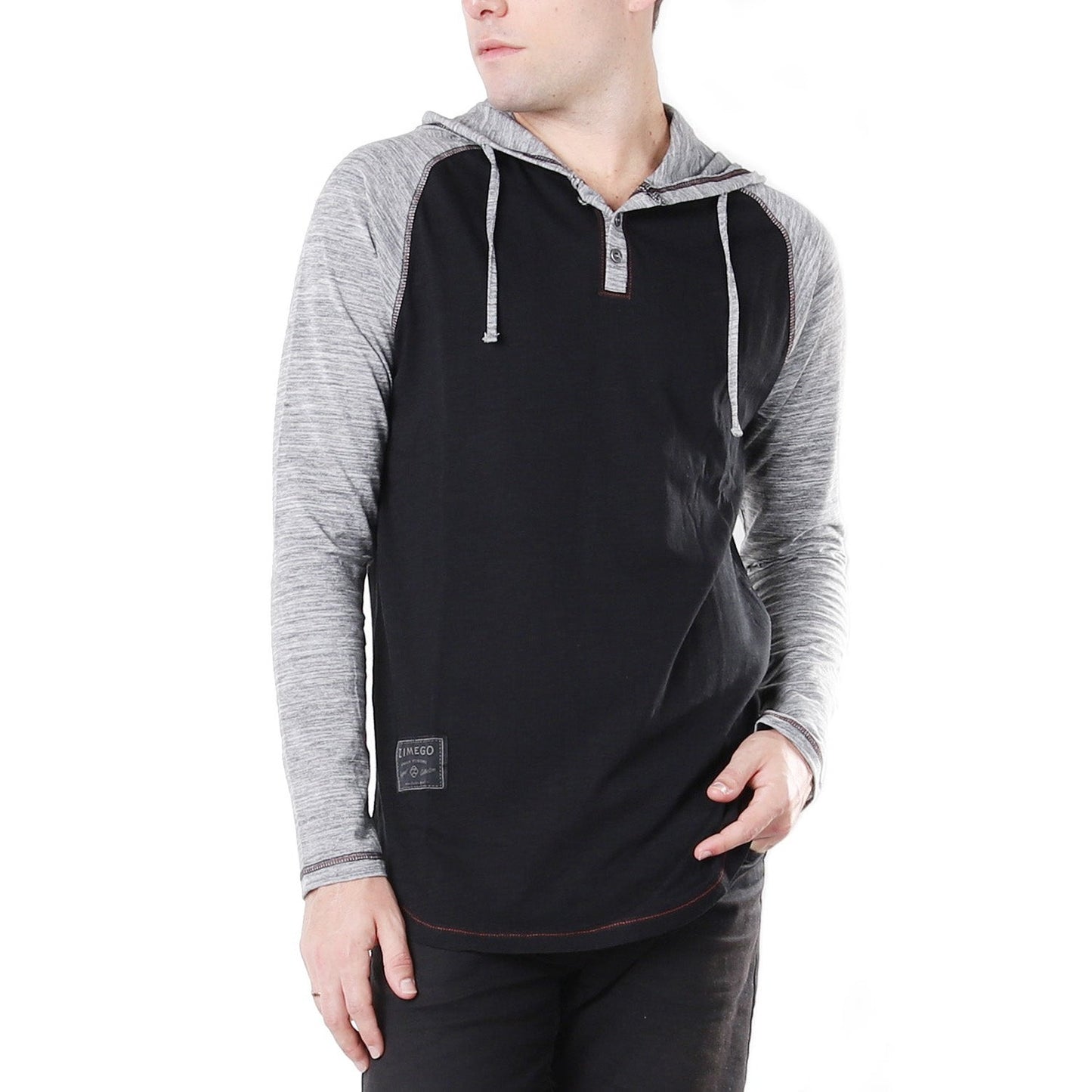 Long Sleeve Raglan Henley Round Bottom Hood T-Shirts - BLACK / BLACK
