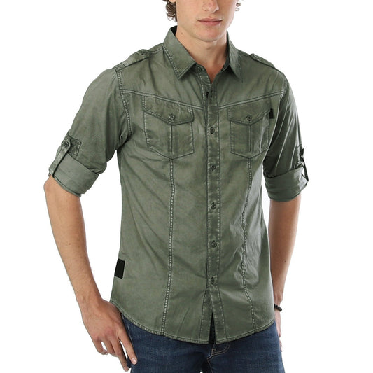 Men's Stretch Roll-Up Sleeve Color Washed Vintage Rugged Fashion Button Shirts
