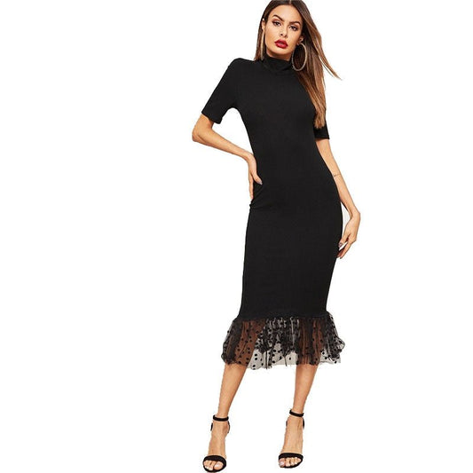 Black Elegant Form Fitting Dot Mesh Hem Midi Dress