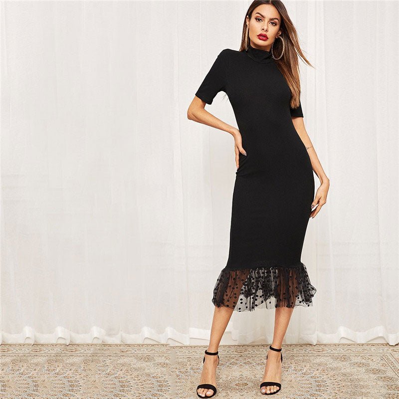 Black Elegant Form Fitting Dot Mesh Hem Midi Dress