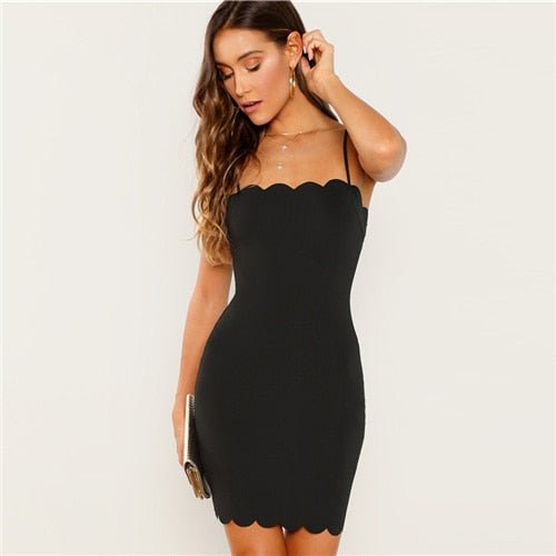 Elegant Black Form Fitting Scalloped Cami Dress