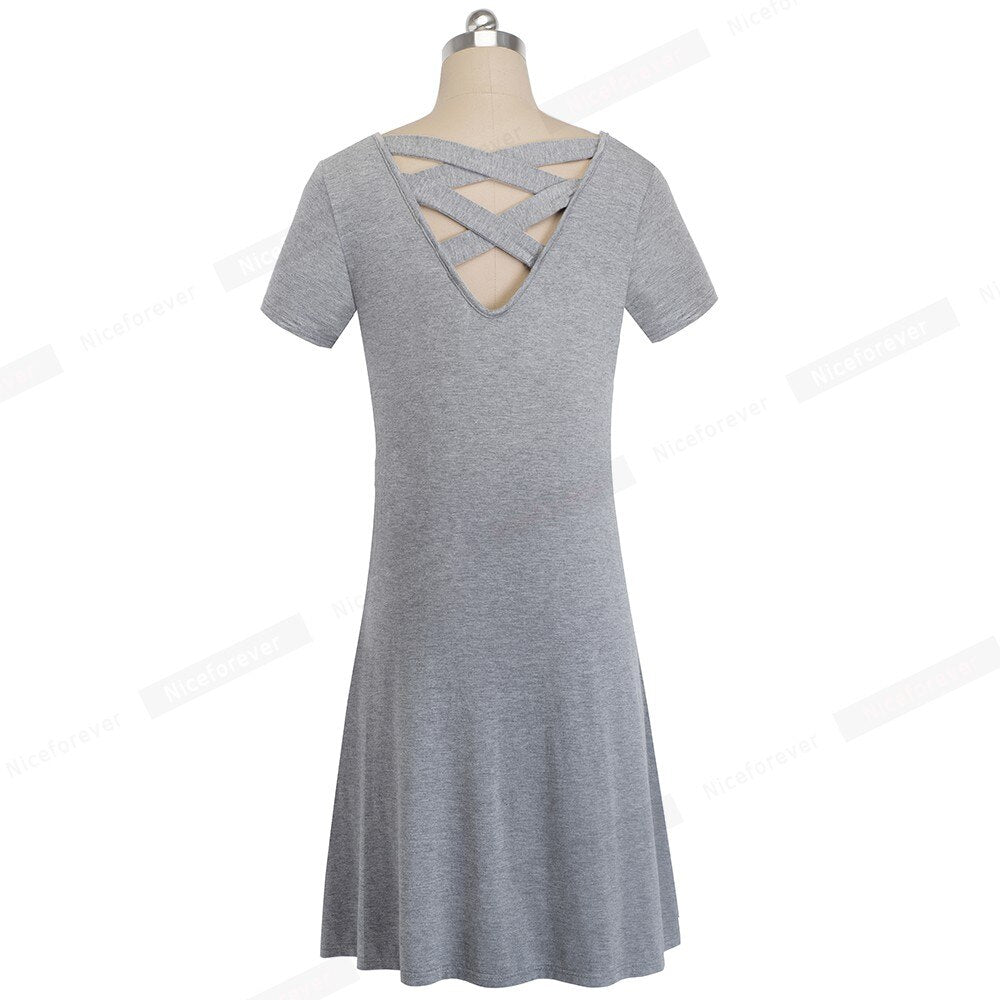 Casual Solid Color with Back Cross Shift Straight Loose Dress