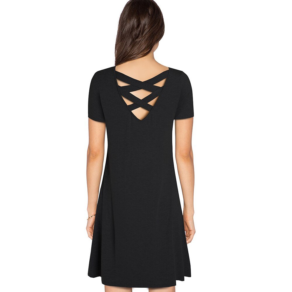 Casual Solid Color with Back Cross Shift Straight Loose Dress