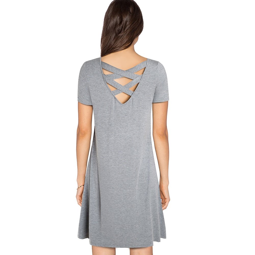 Casual Solid Color with Back Cross Shift Straight Loose Dress