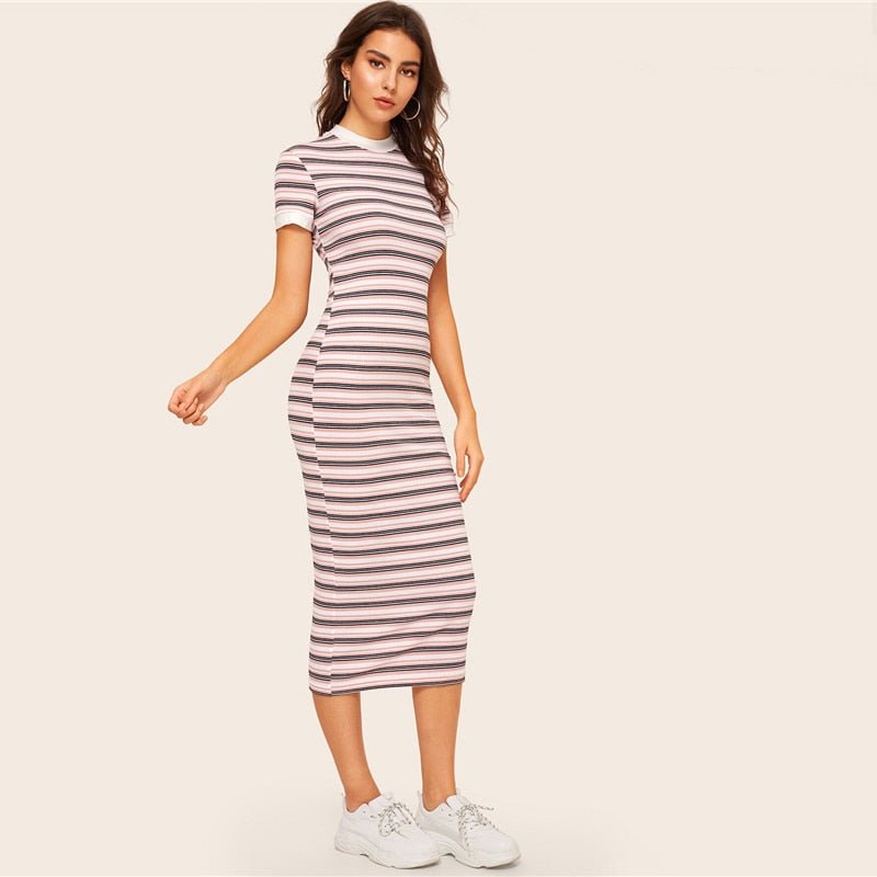 Contrast Neck & Cuff Striped Preppy Pencil Dress
