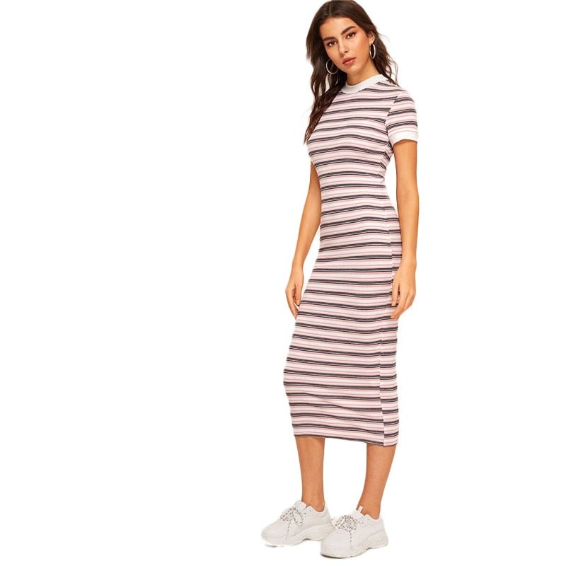 Contrast Neck & Cuff Striped Preppy Pencil Dress