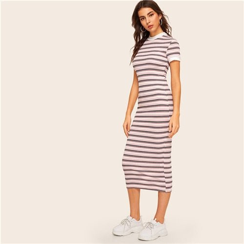 Contrast Neck & Cuff Striped Preppy Pencil Dress
