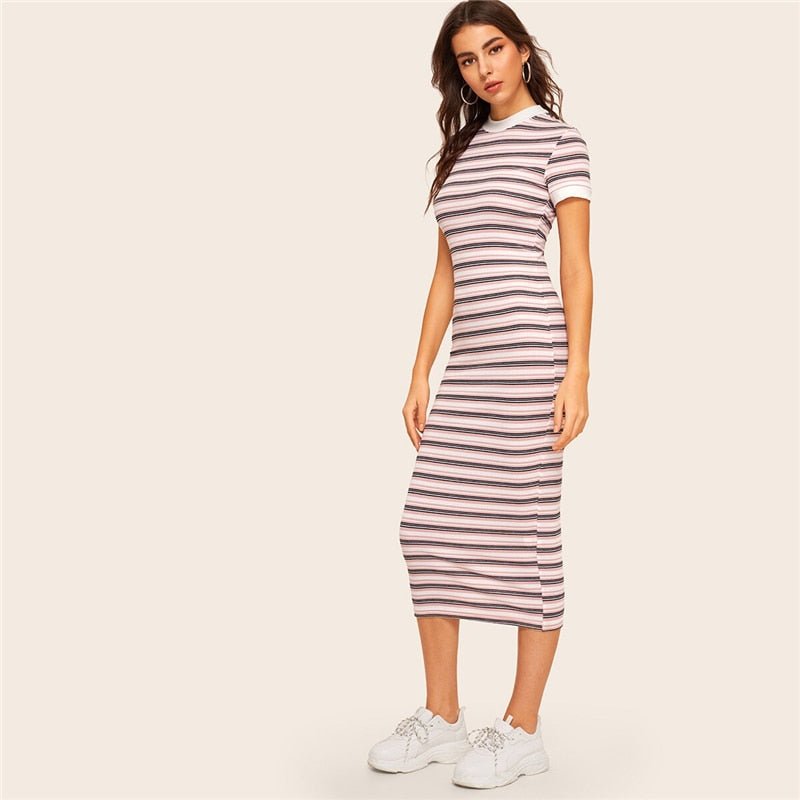 Contrast Neck & Cuff Striped Preppy Pencil Dress