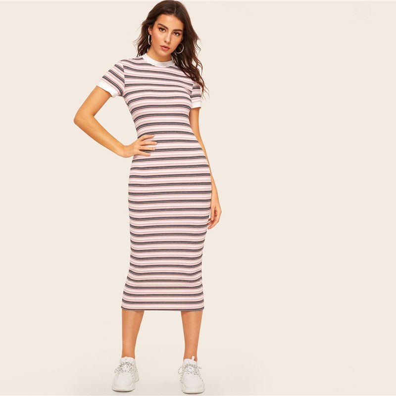 Contrast Neck & Cuff Striped Preppy Pencil Dress