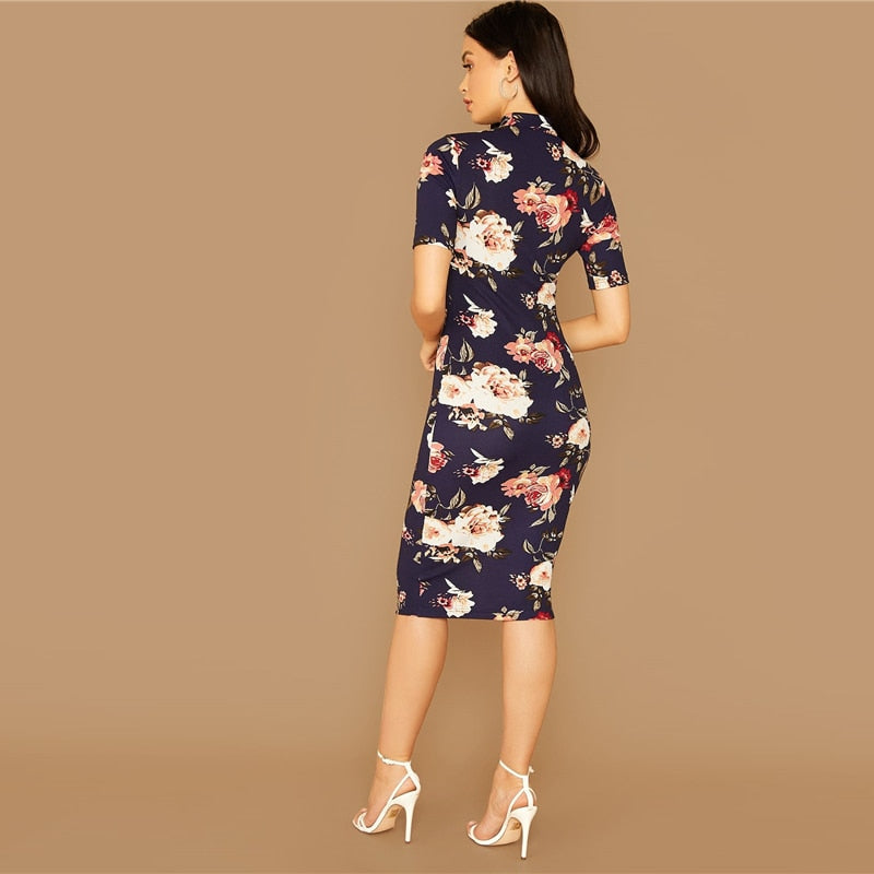 Navy Floral Print Short Sleeve Pencil Dress