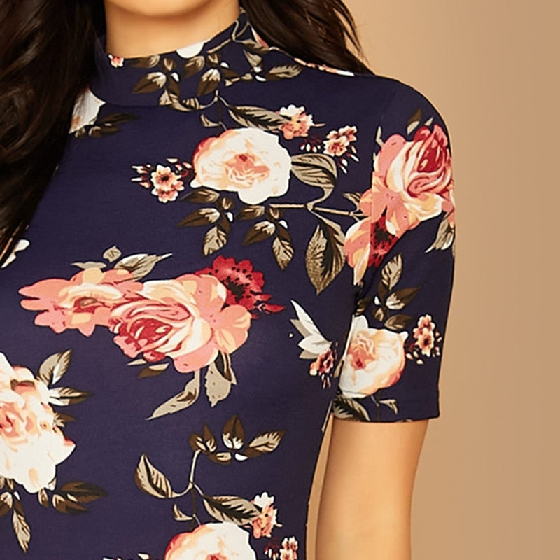 Navy Floral Print Short Sleeve Pencil Dress