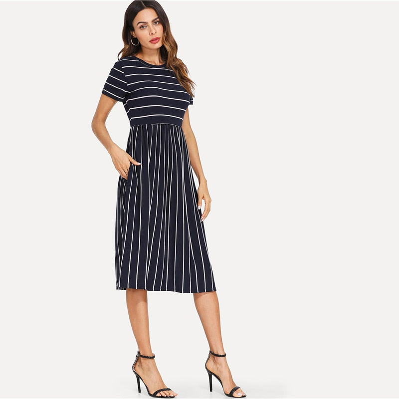 Navy Mixed Stipe Round Neck Short Sleeve Summer Dress