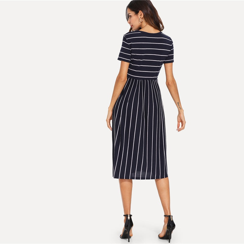 Navy Mixed Stipe Round Neck Short Sleeve Summer Dress