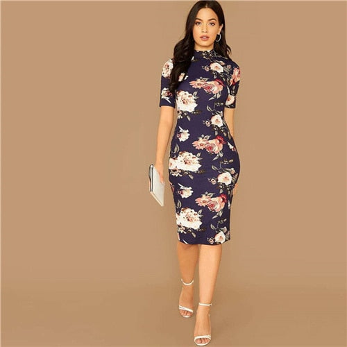 Navy Floral Print Short Sleeve Pencil Dress