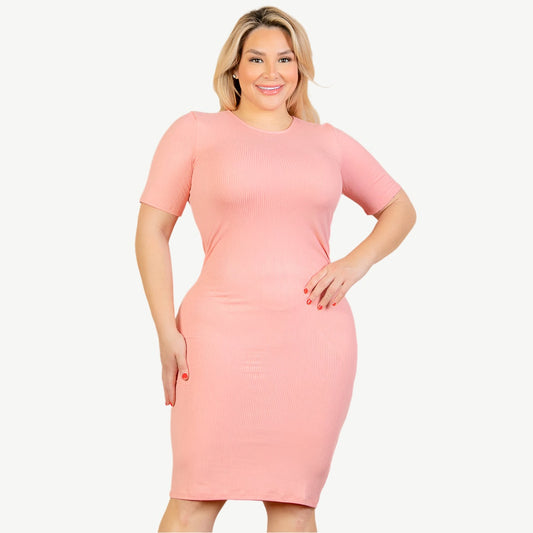 Plus Size Ribbed Short Sleeve Bodycon Midi Dress