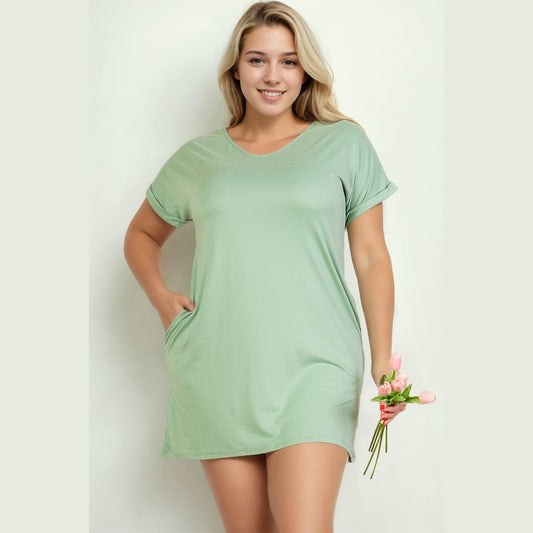 Plus Size Cap Sleeve Pocket Mini Dress