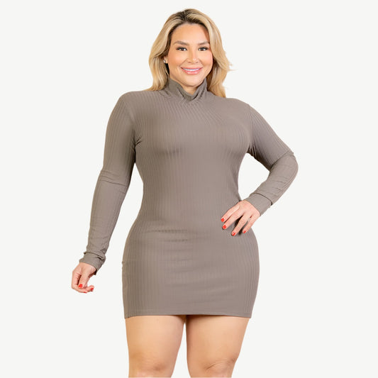 Plus Size Ribbed Long Sleeve Mock Neck Mini Bodycon dress