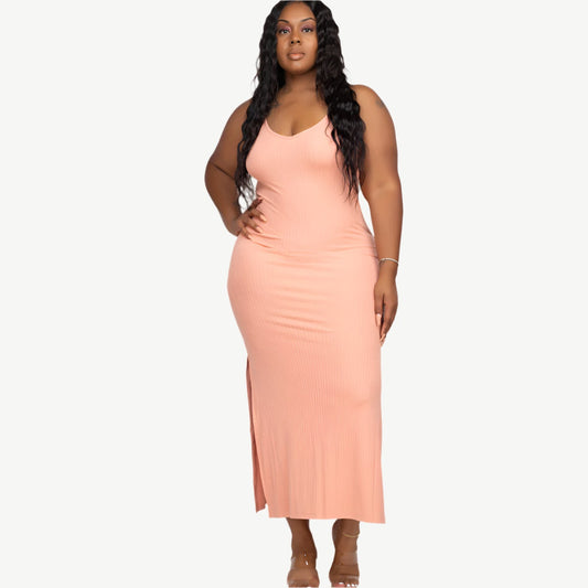 Plus Size Ribbed Side Slit Long Cami Dress