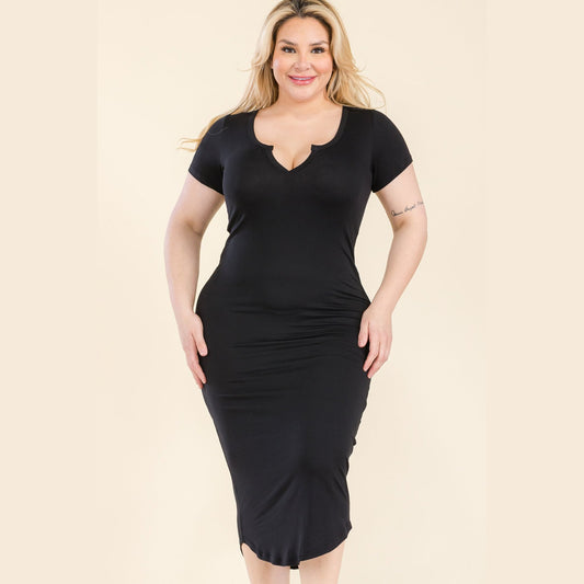 Plus Size Split Neck Bodycon Midi Dress