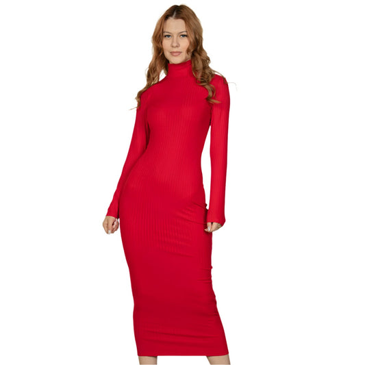 Ribbed Mock Neck Long Sleeve Bodycon Midi Dress