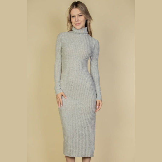 Sweater-Knit Fuzzy Turtleneck Split Thigh Dress