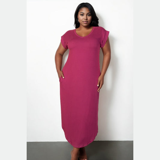 Plus Size Hidden Pocket Batwing Sleeve V Neck Long Dress