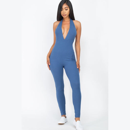 Halter V Neck Ribbed Bodycon Jumpsuit