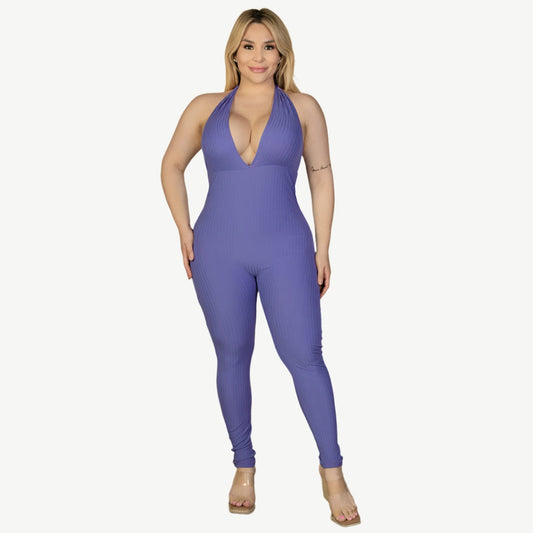 Plus Size Halter V Neck Ribbed Bodycon Jumpsuit