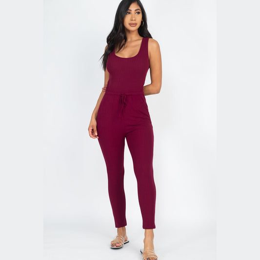 Ribbed Sleeveless Drawstring Jumpsuit