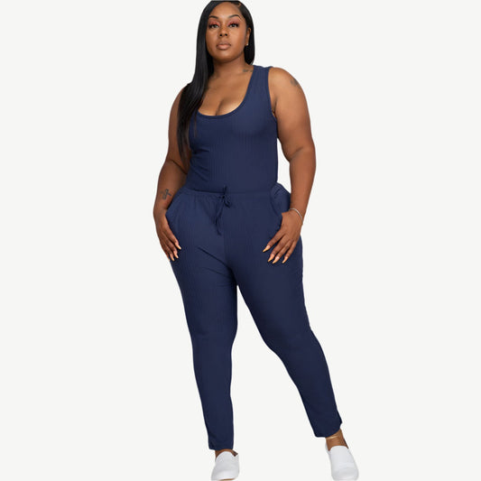Plus Size Ribbed Sleeveless Drawstring Waist Jumpsuit
