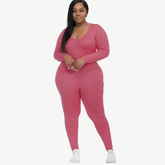 Plus Size Scoop Neck Long Sleeve Bodycon Jumpsuit