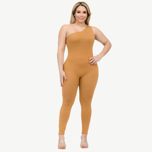 Plus Size Solid Color One Shoulder Jumpsuit