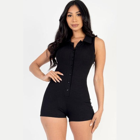 Ribbed Knit Sleeveless Button Front Romper