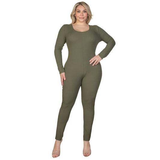 Plus Size Ribbed Scoop Neck Long Sleeve Jumpsuit