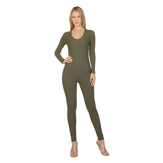 Ribbed Scoop Neck Long Sleeve Jumpsuit