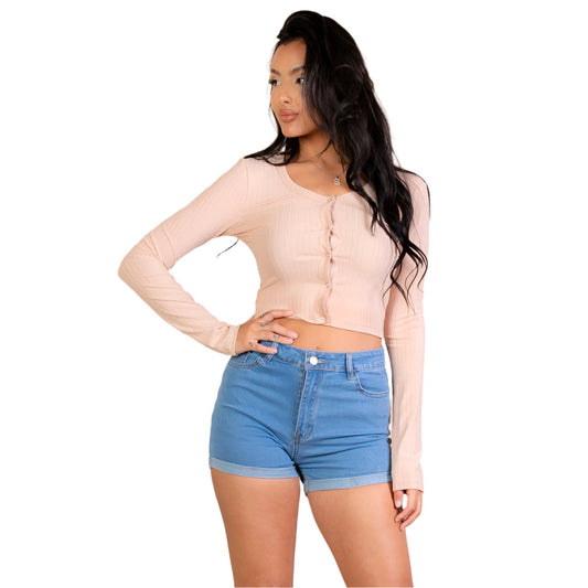 Ribbed Long Sleeve Snap Button Down Crop Top