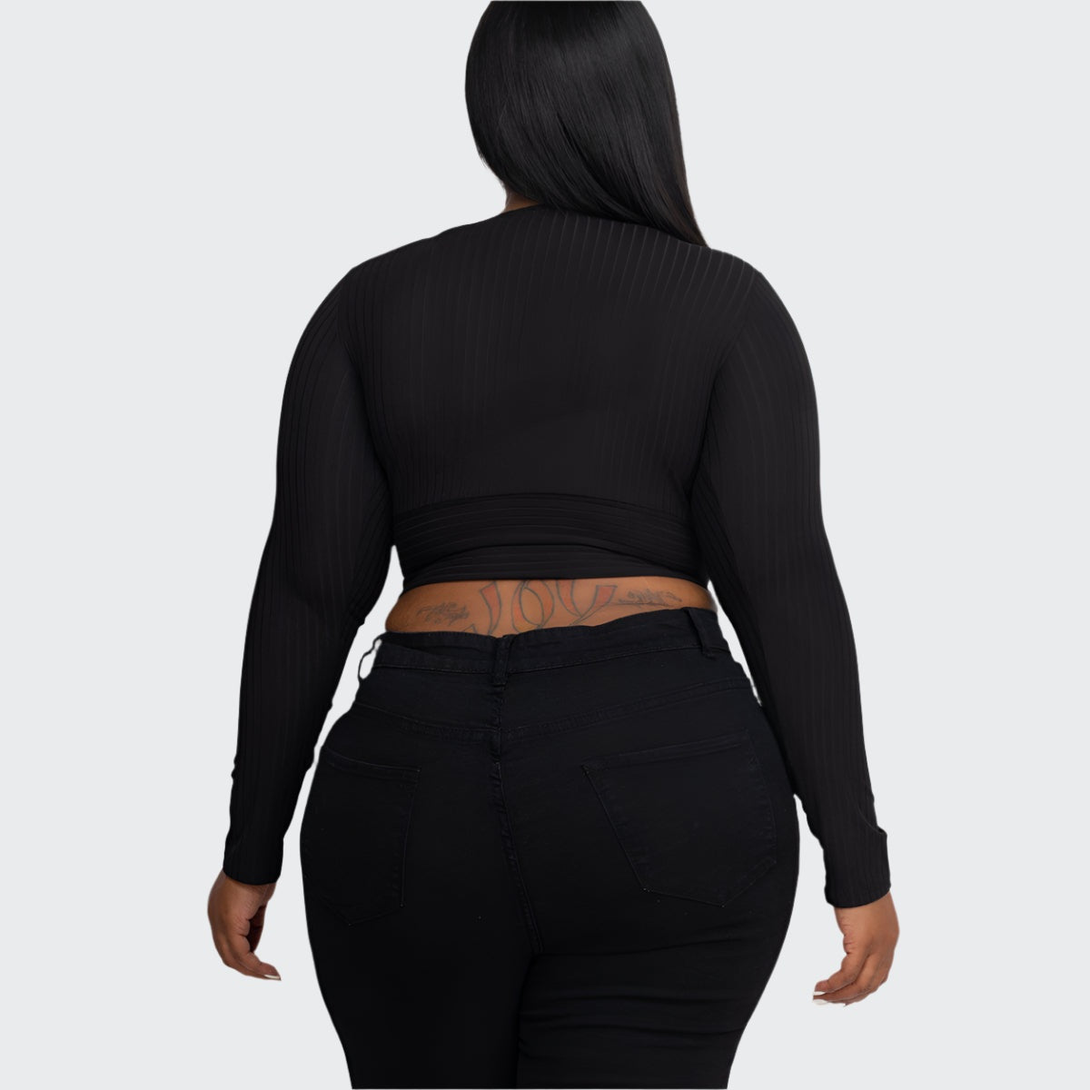 Plus Size Ribbed Wrap Front Long Sleeve Top