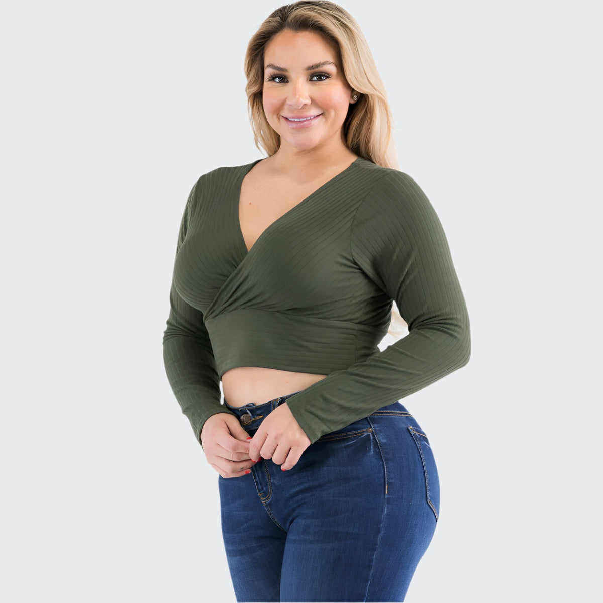 Plus Size Ribbed Wrap Front Long Sleeve Top