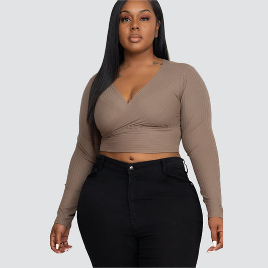 Plus Size Ribbed Wrap Front Long Sleeve Top