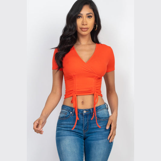 Ribbed Ruched Drawstring Surplice Top
