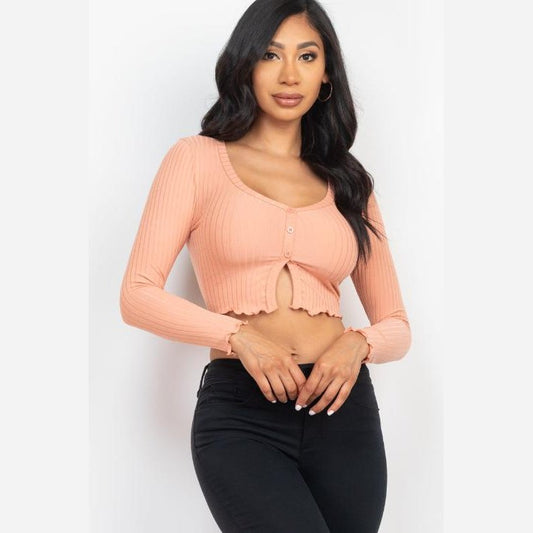 Ribbed Button Front Split Long Sleeve Top