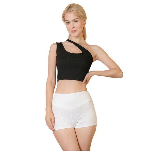 Ribbed One Shoulder Cross Strap Crop Top