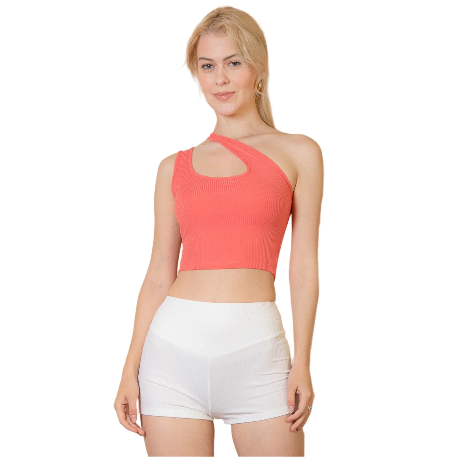 Ribbed One Shoulder Cross Strap Crop Top