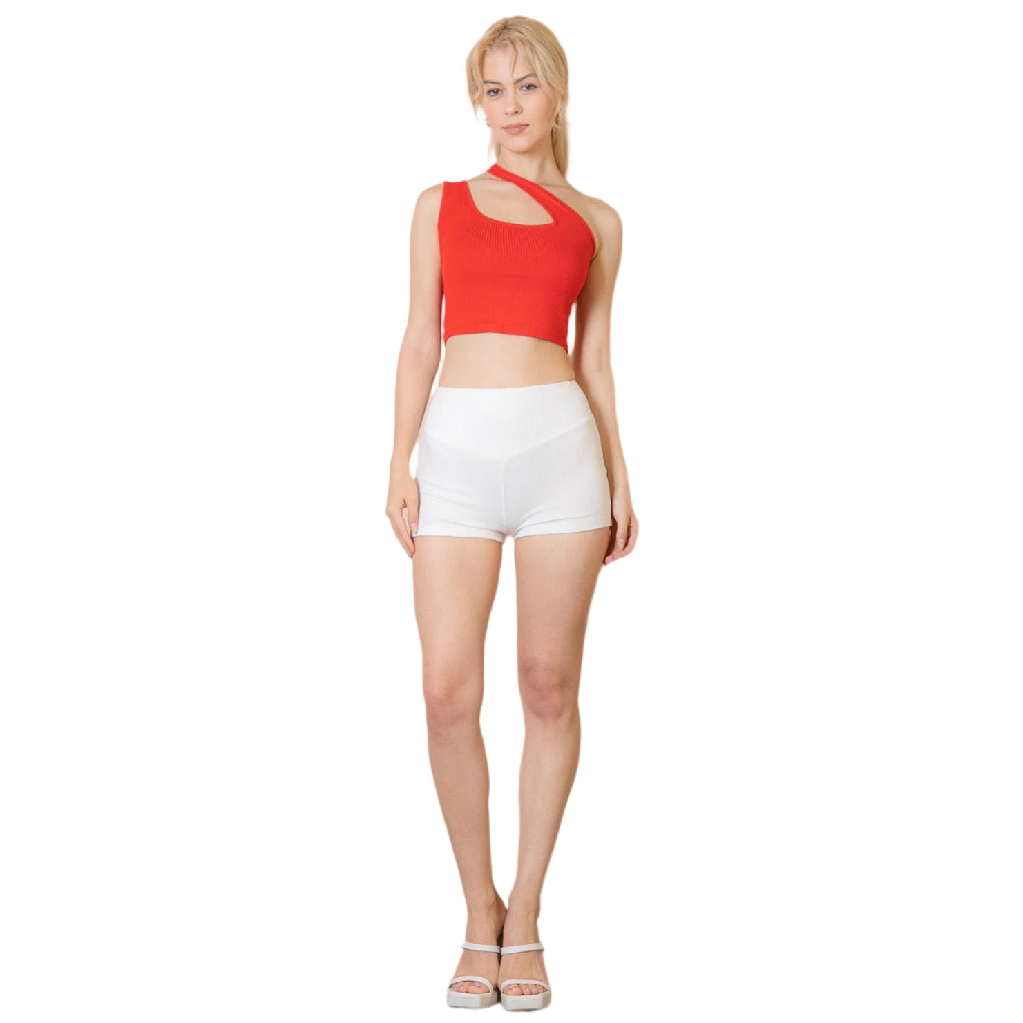 Ribbed One Shoulder Cross Strap Crop Top