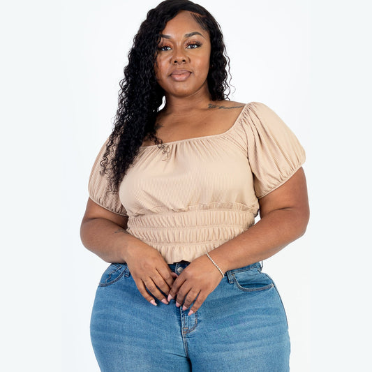 Plus Size Casual Ruched Puff Sleeve Ribbed Knit Solid Top