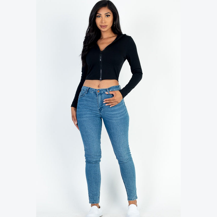 French Terry Crop Zip Up Hoodie